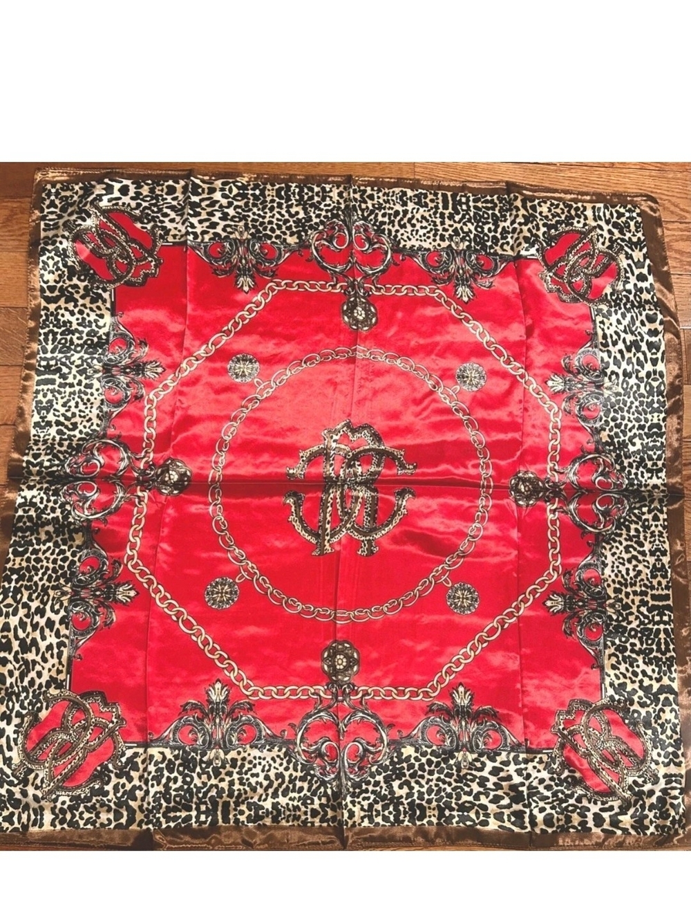 Vtg  Leopard Print NWT cherry red SQUAR SILKY SCARF hand rolled edges 35/35